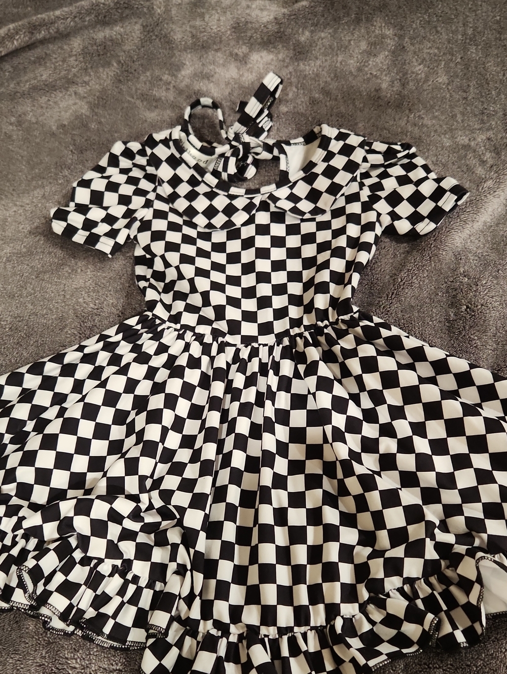 Girls Black & White Checkered Dress with Peter Pan Collar